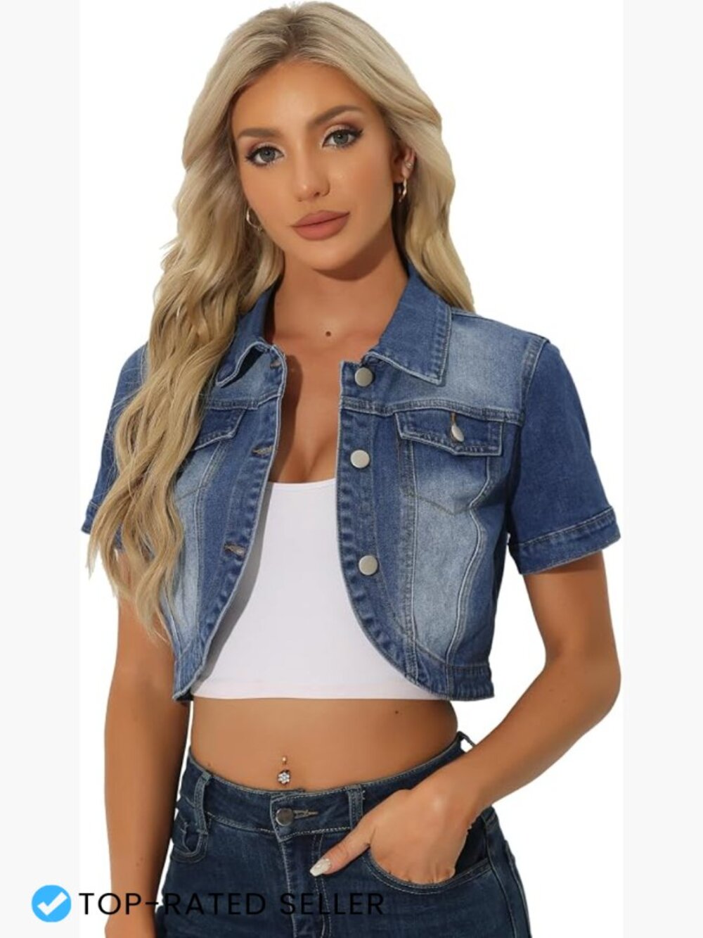 Crop Denim Jacket Short Sleeve Women Casual Trendy Curved Hem Button Front Y2K